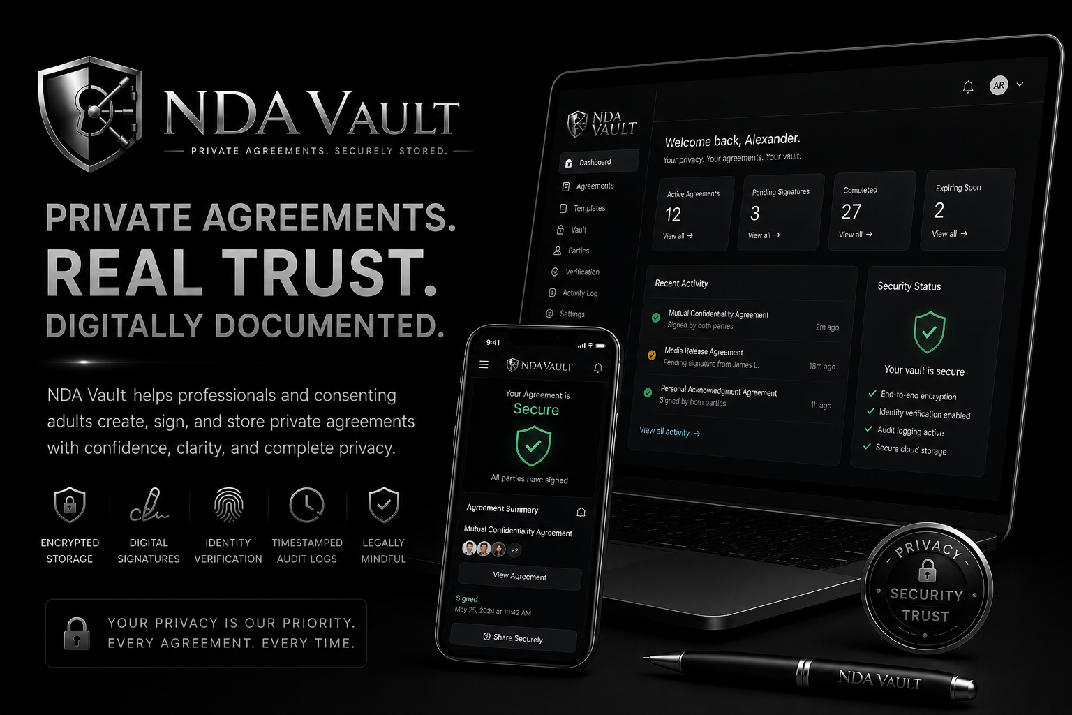 NDA Vault — private agreements securely stored across desktop and mobile